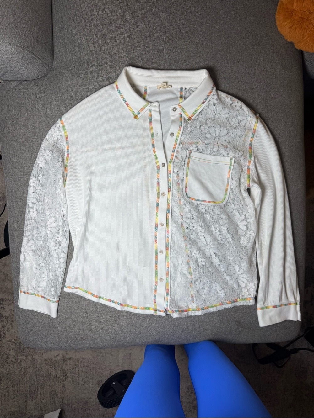 POL White Lace Mixed Media Button Down Top Size Small